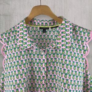 Talbots Non-Iron Sleeveless Shirt Pink Pineapple Scalloped Trim Blouse Size 14